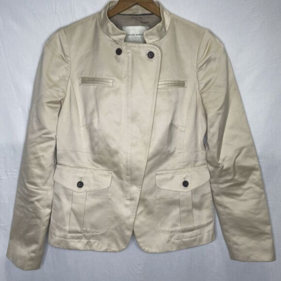 BANANA REPUBLIC Jacket Moto High Collar Asymmetrical Zip Cotton Womens 0 Beige - Picture 1 of 14